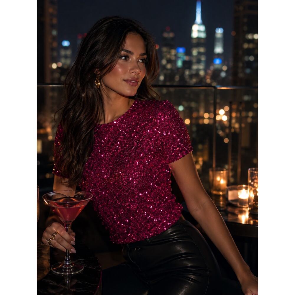 Anthropologie Maeve Hot Pink Sequined Short Sleeve Top Size Medium